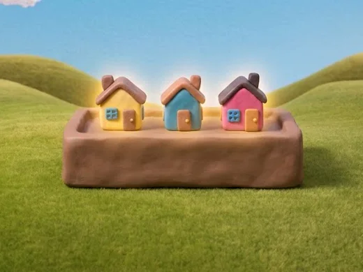 Ilustración en plastilina: tres casitas seleccionadas sobre una base, las opciones que sí cumplen